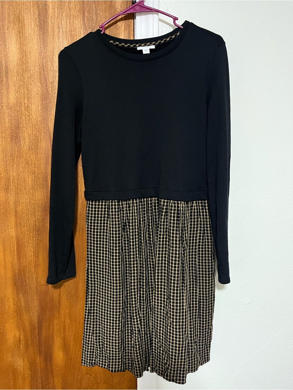 J. Jill Mixed Media Dress Small Black Knit Long Sleeve Camel Plaid Skirt